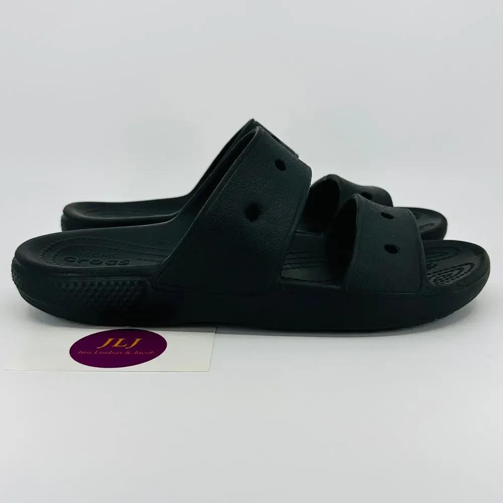 Crocs Classic Two Strap Black Comfort Slide Sandals Size 7 Men's / 9 Women's